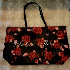Limited Edition Victoria's Secret Black Floral Red Roses Tote Bag NWOT